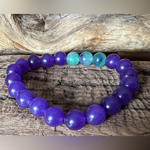 New Green Fluorite & Amethyst Bracelet Natural Stone Beaded Stretchy (8mm) - Picture 2 of 4